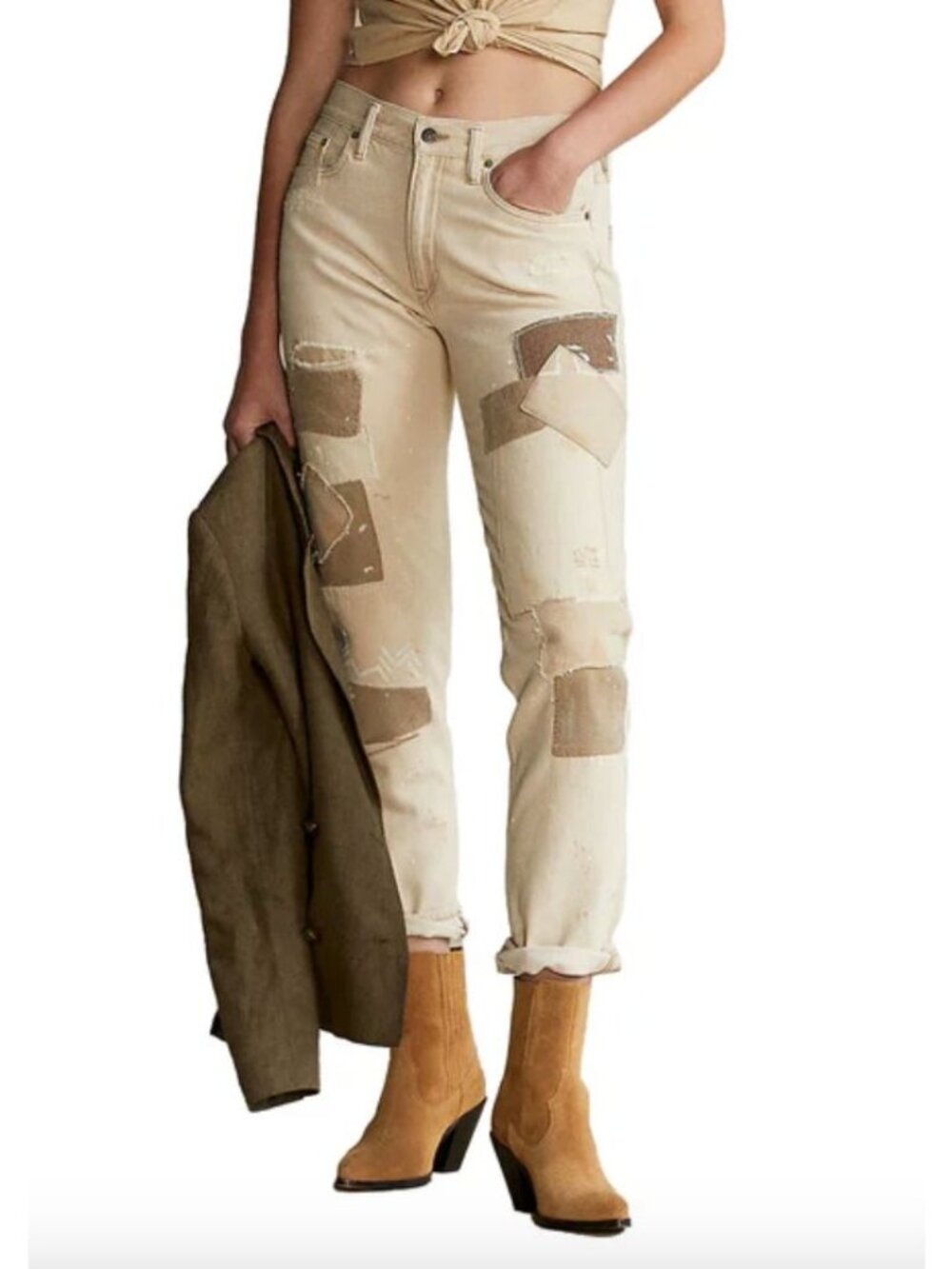 POLO Ralph Lauren Avery Boyfriend Jeans Size 26 Patchwork Streetwear Chino Khaki
